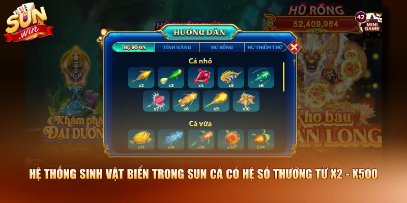 Khám Phá Trò Chơi SUN Cá Với Nhiều Tính Năng Đặc Biệt 2 Hệ thống sinh vật biển trong SUN cá có hệ số thưởng từ x2 - x500