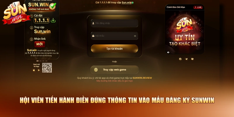 Hội viên tiến hành điền đúng thông tin vào mẫu đăng ký SUNWIN