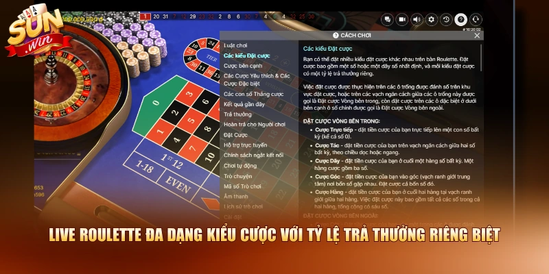 Live Roulette đa dạng kiểu cược với tỷ lệ trả thưởng riêng biệt